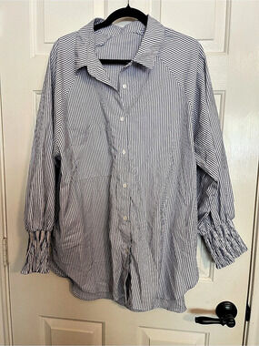 Asvivid Blue White Striped Button Down Shirt with Smocked Cuffs XXL